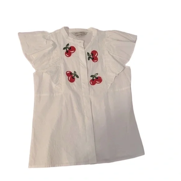 Anthropologie Dhruv Kapoor Cherries Sequin
Sleeveless Ruffled Button Blouse Top - Picture 4 of 9